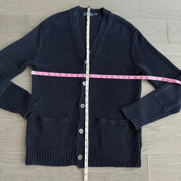 POLO RALPH LAUREN LINEN CARDIGAN SWEATER NAVY BLUE S OPEN CHUNKY KNIT V-NECK